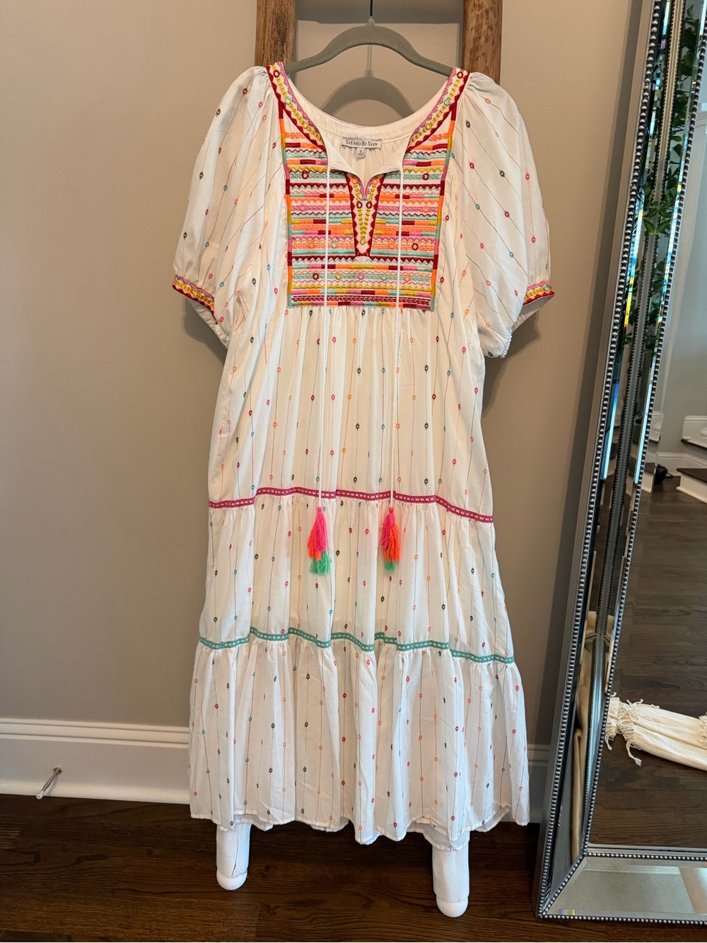 Boho White Embroidered Maxi Dress with Colorful Yoke